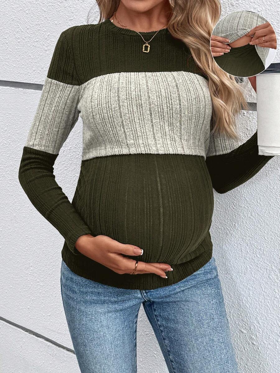 SHEIN Maternity Casual Colorblock Spring/Autumn Long Sleeve Round Neck Nursing Top Long Maternity T-Shirt Fall - Army Green - View 1