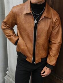 Manfinity CasualCool 男士復古焦糖棕翻領夾克，老錢風靜奢風，高品質質感，百搭 - 棕色 - 查看 3