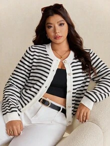Elaquor Plus Size Women Casual Commuter Striped Pattern Faux Pearl Button Cardigan In Fall/Winter - Black and White - View 1