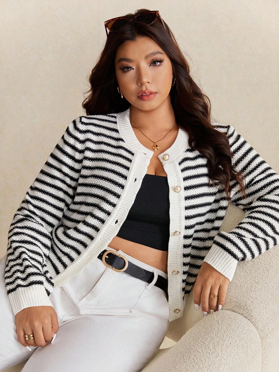Elaquor Plus Size Women Casual Commuter Striped Pattern Faux Pearl Button Cardigan In Fall/Winter - Black and White - View 1