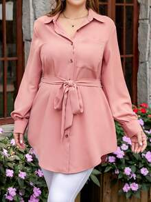 Firerie Plus Size Women Spring/Summer Solid Color Long Sleeve Pocket Casual Shirt Fall - Dusty Pink - View 4