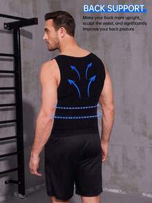 Men's Solid Color Scoop Neck Back Support Shaping Tank Top - Black - View 2