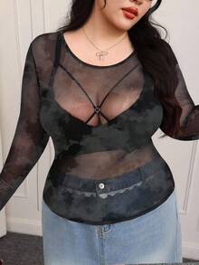 CovetEZ 大尺碼性感休閒紮染油畫印花網紗上衣 - 彩色 - 查看 4