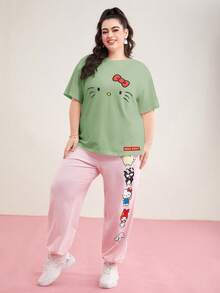 HELLO KITTY AND FRIENDS | SHEIN 大碼卡通圖案下肩寬鬆休閒夏季T恤 - 綠色 - 查看 5