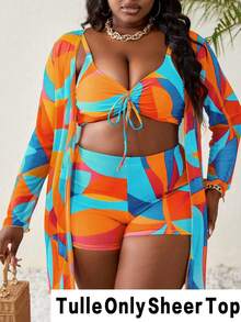Slaydiva Kimono largo de punto con estampado aleatorio para vacaciones en la playa para mujer talla grande - Celeste - Ver 4