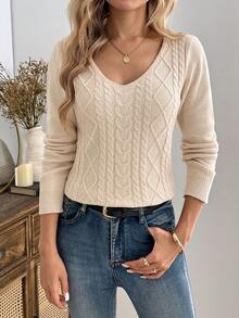 EMERY ROSE New Spring Fall Ivory Cable Diamond Weave Knit Top V Neck Long Sleeve Vintage Cottagecore Layering Blouse - Apricot - View 1