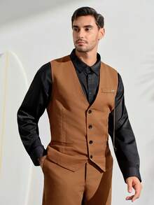 VeloEdit Men's Solid Vest And Trousers Formal Suit Set For Work,Dress Outfits For Men, Ceremony Wedding Fall Winter Business Commute‌ Old Money - Brown - View 3