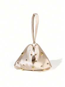 Glamine Plain Elegant Fashion Minimalist Satin Pearl Magnetic Triangular Handbag, For Parties, Weddings, Galas, Gatherings - Champagne - View 3