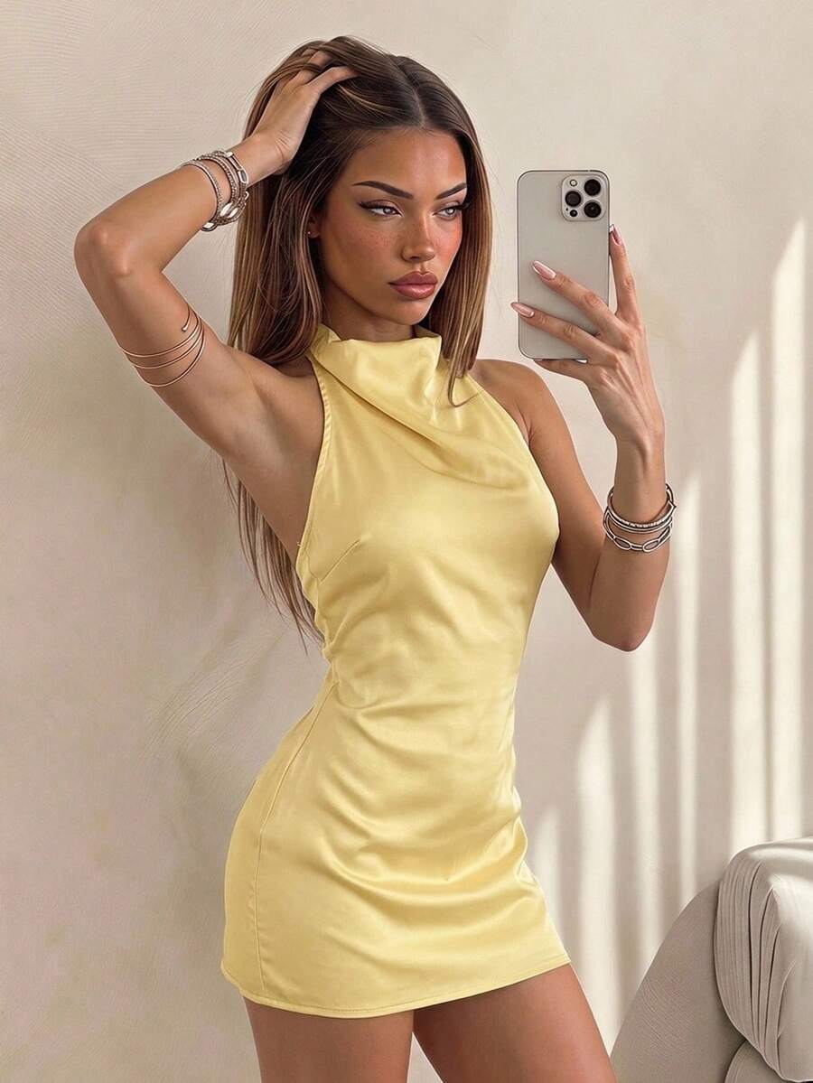 SHEIN ICON 女士夏季性感度假风简约纯色露背系带迷你连衣裙 - 黃色 - 查看 1