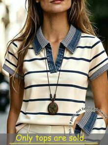 SHEIN 女款 POLO 領短袖修身休閒海岸風 T 恤，適合日常度假夏季上衣，海軍藍翻領 T 恤 - 彩色 - 查看 1