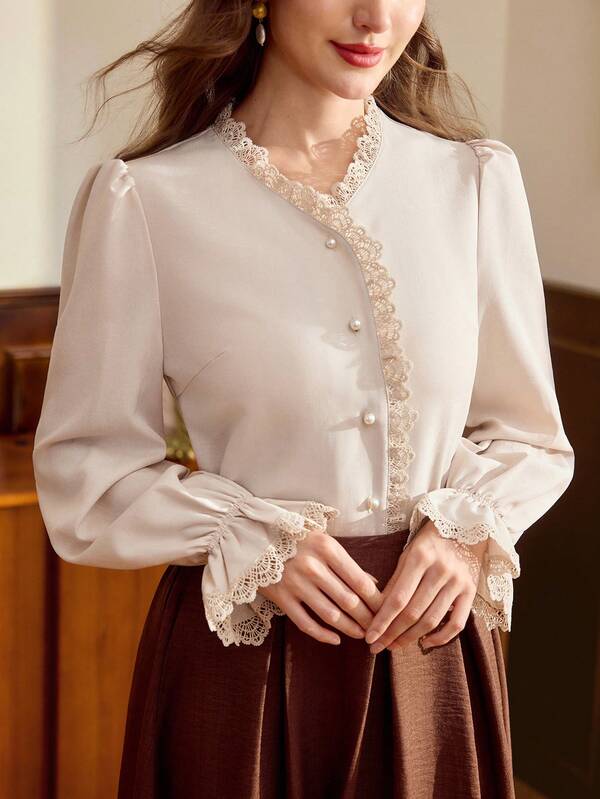 Vintamour Women's Lace Trim Casual Frenchy Versatile Daily Wear Blouse Elegant Autumn/Winer Office Tea Party Business Work School Outfits Teachers' Day Peach