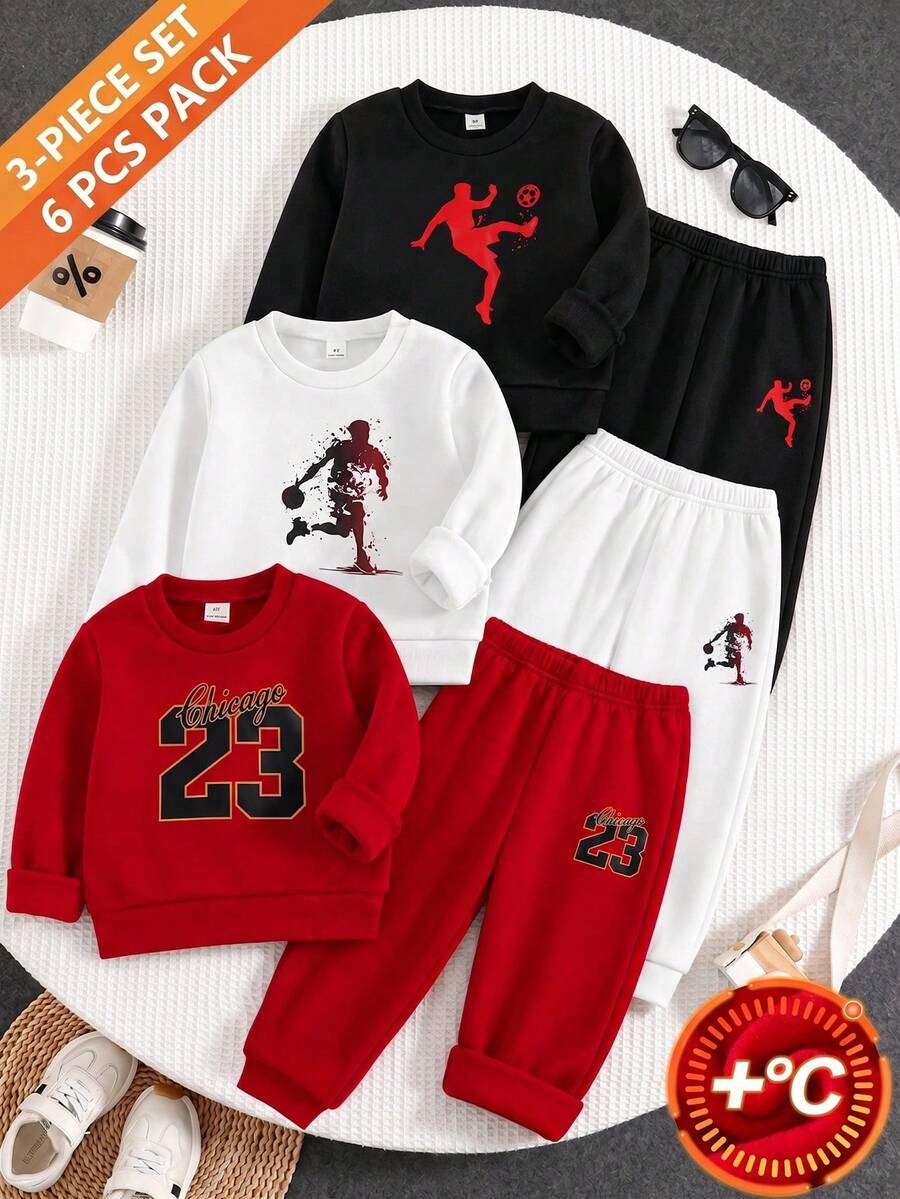 Genkimix Kids 3件組男孩新款秋冬活力字母刺繡圓領長袖褲裝套裝,精緻設計,柔軟舒適面料,寬鬆版型 - 彩色 - 查看 1