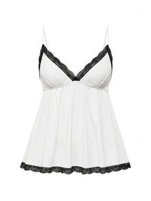 ROMWE Ribbed Lace Trim Camisole & Shorts Casual Pajama Set - Black and White - View 5
