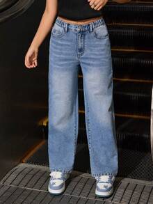SHEIN 少女 Y2K 时尚，校园精神必备四季百搭时尚单品，青少年日常休闲舒适宽松直筒洗水牛仔裤 - 中等水洗藍 - 查看 1