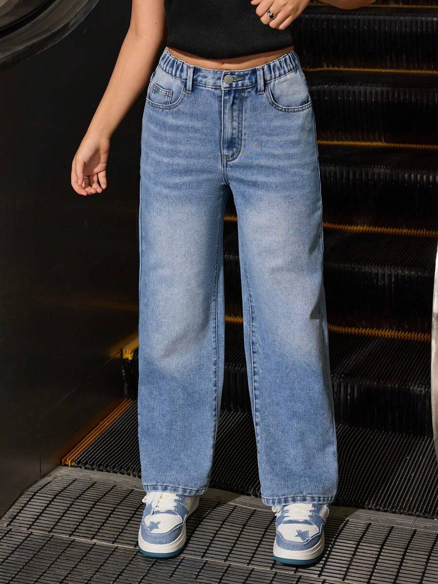 SHEIN 少女 Y2K 时尚,校园精神必备四季百搭时尚单品,青少年日常休闲舒适宽松直筒洗水牛仔裤 - 中等水洗藍 - 查看 1