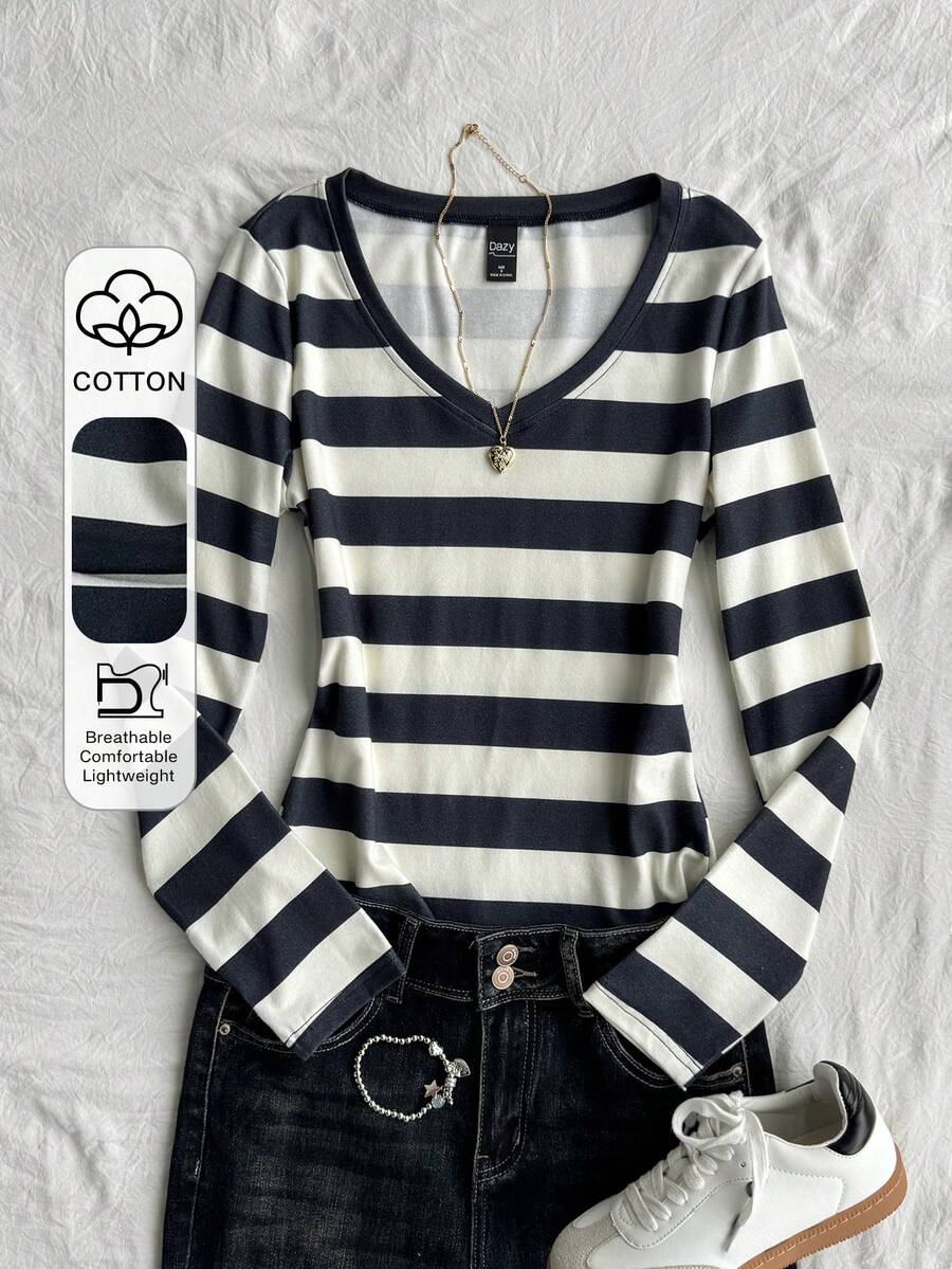 DAZY Women's Striped Colorblock Casual Daily Wear T-Shirt Summer - Black - View 1