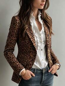 SHEIN Blazer Motif Leopard Premium, Pakaian Kantor Serbaguna untuk Awal Musim Gugur - MultiWarna - View 3