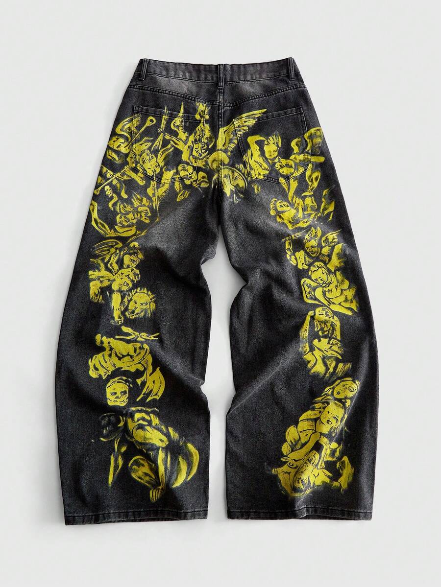 ROMWE MEN Jeans de corte holgado con estampado para hombre - Negro - Ver 1