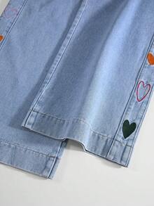 GlowEve CURVE 大尺碼女款愛心刺繡口袋寬腿休閒牛仔褲 - 藍色 - 查看 4