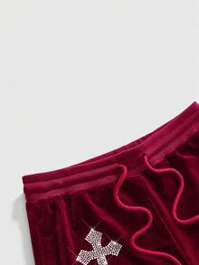 ROMWE Grunge Punk Women's Drawstring Waist Cross Pattern Casual Daily Shorts - Burgundy - View 4