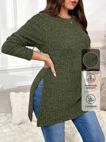 SHEIN Frenchy Plus Size Casual Solid Color Split Hem Long Sleeve T-Shirt, Autumn Fall - Dark Green - View 7