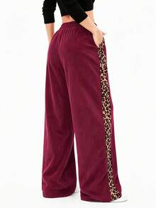 SHEIN LUNE Women's Autumn/Winter Leopard Print Patchwork Casual Straight Leg Pants - Burgundy - View 2
