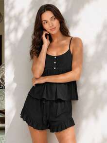 LUVLETTE Summer Sweet Women's Black Elegant Airy Two-Piece Set - Double-Layered Ruffles & Button Front Breezy Refined Home Wear - Black - View 8