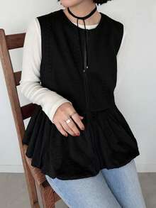 FRIFUL Women's Early Autumn New Korean Style Zipper Layered Vest With Patchwork Pleated Ruffle Hem Regular Jacket - Black - View 8
