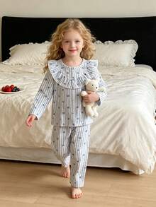 Fresh Blue & White Vertical Striped Girls' Ruffle Trim Round Neck Ditsy Floral Long Sleeve Loose Fit Loungewear, Spring/Autumn - Multicolor - View 3