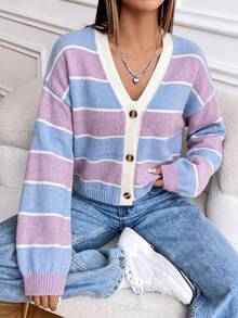 SHEIN LUNE Colorblock Loose Cropped Cardigan Sweet Preppy Style Sweater Cardigan Jacket - Purple - View 4