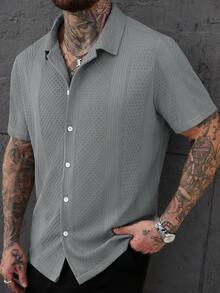 SLATEMANN Men's Plus Size Solid Color Knitted Textured Jacquard Short Sleeve Shirt - Grey - View 6