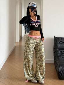 StreetHx Sweet & Cool Hot Girl Low Waist Contrast Color Tie Waist Camo Waffle Knit Long Pants - Army Green - View 5
