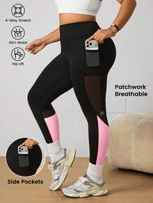 SHEIN Women's Plus Size Colorblock Fitted Pocket Sports Leggings - Multicolor - View 1