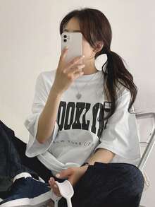DAZY Letter Graphic Drop Shoulder Tee - White - View 2