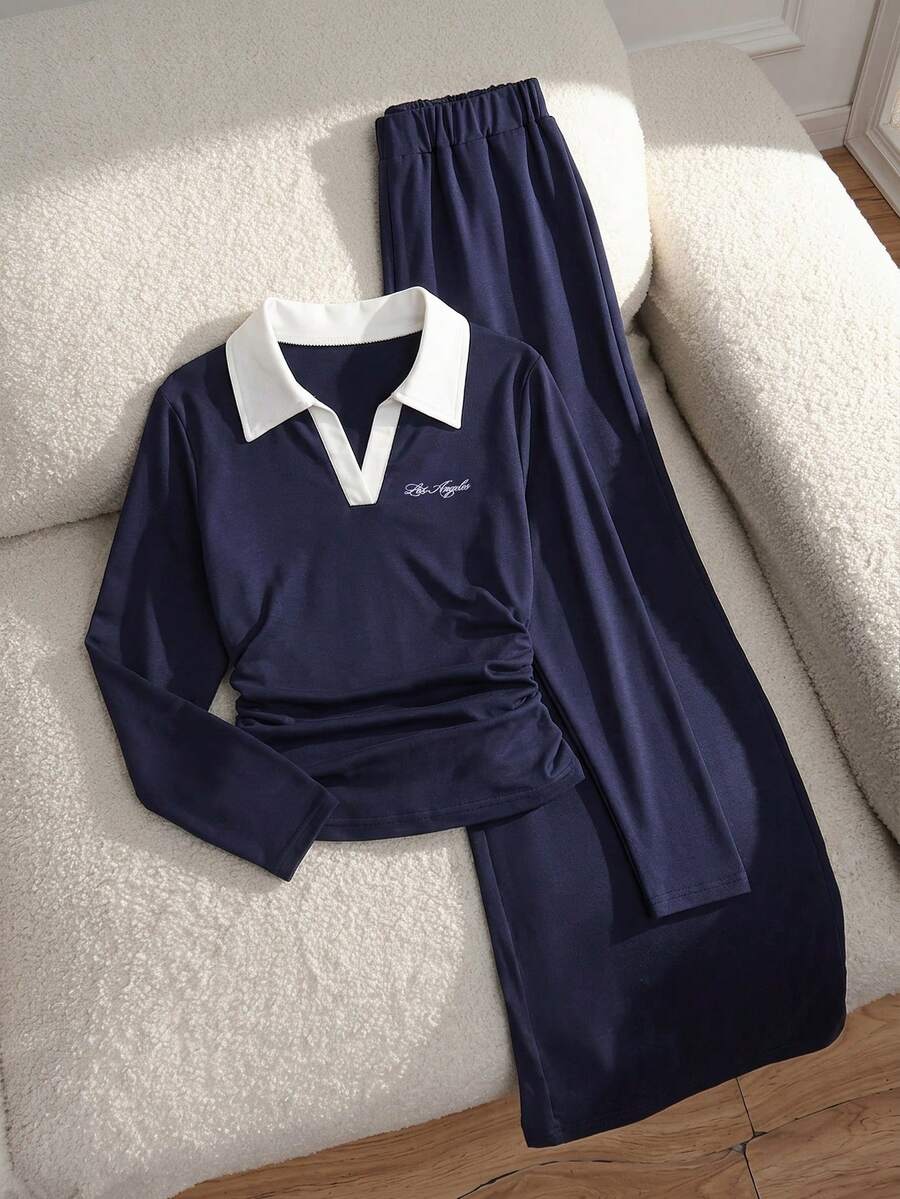SHEIN 青少年女孩字母印花對比色翻領長袖T恤與長褲休閒套裝 - 藏蓝色 - 查看 1