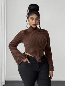 Maweii Sweater Pullover Wanita Ukuran Plus dengan Lengan Lonceng Bertekstur dan Bergaris, Potongan Pas Badan, dan Hem Melengkung - Coffee Brown - View 5