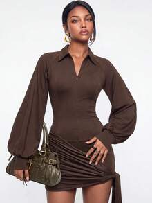 Avantive Women's Solid Color Lantern Sleeve Zipper Placket Ruched Jumpsuit - Brown - View 5