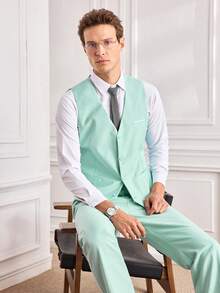 Men's 2pcs Formal Vest & Pants Set, Solid Color With Pockets, Suitable For Wedding, Party, Business Occasions, Mint Green, Size XS-XXXL - Mint Green - View 3