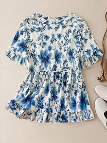 Linhara Plus Size Allover Printed Summer Slimming Ruffle Trim Blouse , Holiday Summer Vacation Top - Blue and White - View 2