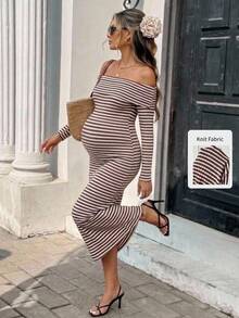 SHEIN Maternity Striped Off-Shoulder Long Sleeve Fitted Casual Dress Fall - Brown - View 2