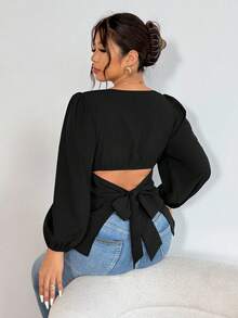 Firerie Plus Size Women Casual Elegant Vacation Minimalist Versatile Daily Basic Bowknot Loose Fit Puff Sleeve Blouse, Spring/Autumn,Fall Clothes For Women - Black - View 3