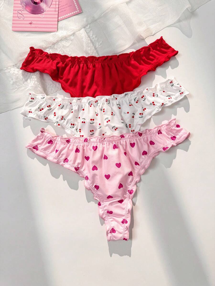 PetitDoll 3pcs/Set Celana Dalam Thong Wanita Bermotif dengan Hiasan Rumbai - MultiWarna - View 1