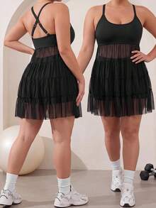 Dewbera Dewbera Women's Plus Size Mesh Patchwork Casual Daily Sports Camisole Dress - Black - View 4