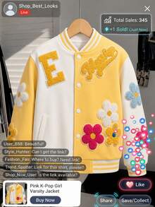 SHEIN Sparklyn 女童休閒時尚百搭春秋款彩色3D花卉拼色寬鬆棒球夾克 - 彩色 - 查看 5