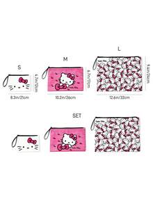 HELLO KITTY AND FRIENDS | SHEIN 可愛貓咪印花化妝包套組，多尺寸與大容量，適用於化妝品/小物品/電子產品，可單獨購買或套組，附拉鍊 - 粉黑白 - 查看 7