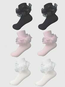 ROMWE Anime 3 Pairs Of Women's Mid-Tube Socks With Lace Pleated Edges; Ruffles - Multicolor A2 - View 4
