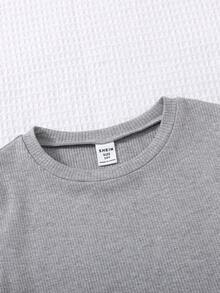 SHEIN Tween Girls' Elegant Knitted Solid Color Short Sleeve Top And Shorts Set, Spring/Summer - Grey - View 4
