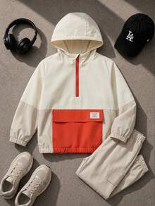 SHEIN Young Boy Letter Patchwork Color Block Hoodie And Cargo Pants Set - Apricot - View 4