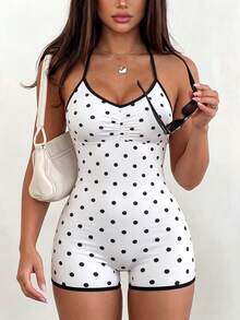 SHEIN Sports Ruched Halter Polka Dot Sports Bodysuit Contrast Trim Romper For Fitness Cycling Gym Workout - Multicolor - View 4