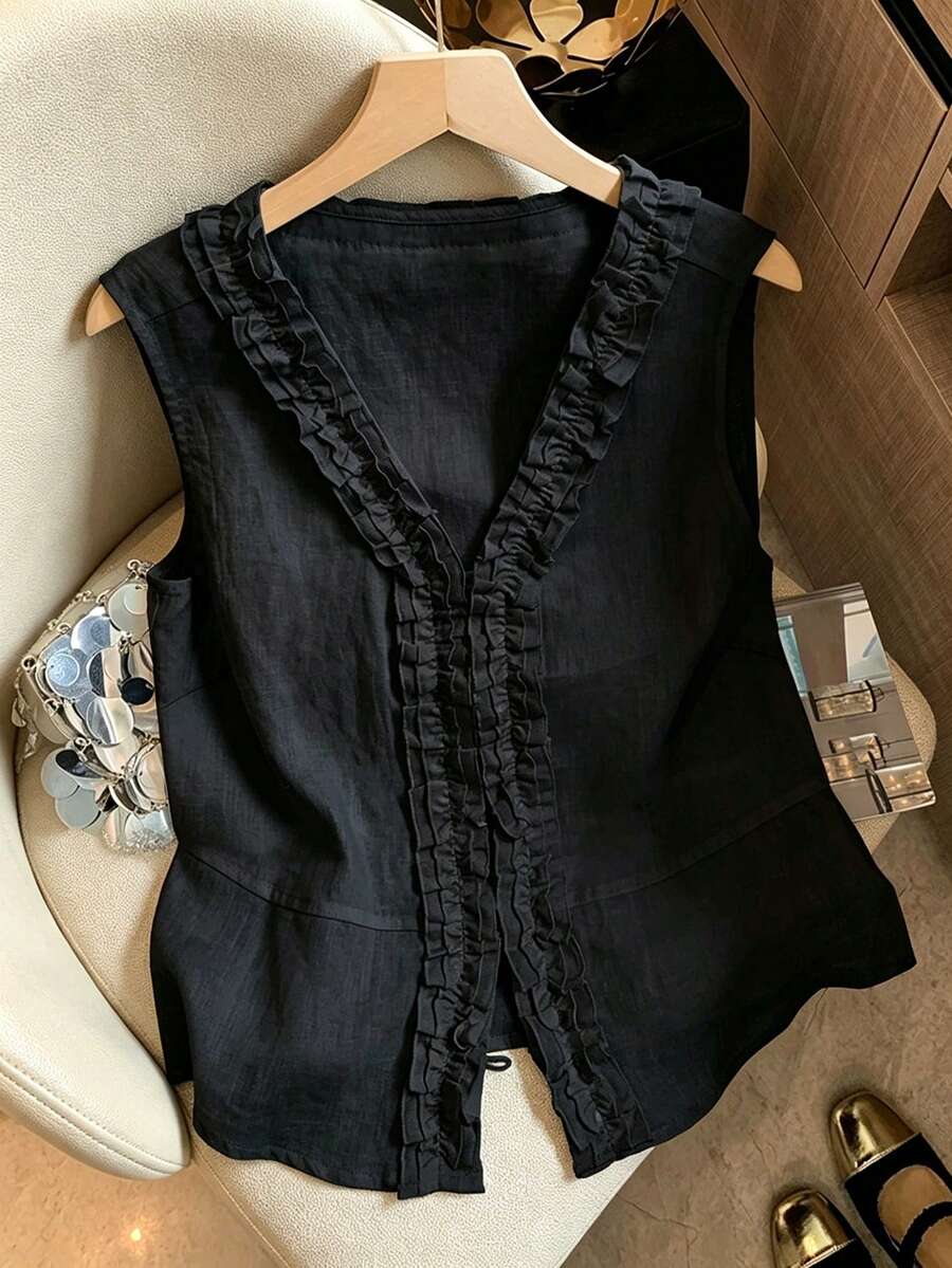 SHEIN Franclia 女款亞麻感V領荷葉邊無袖上衣背心,休閒法式度假風,夏季優雅日常通勤辦公室聚會早午餐茶會黑色 - 黑色 - 查看 1